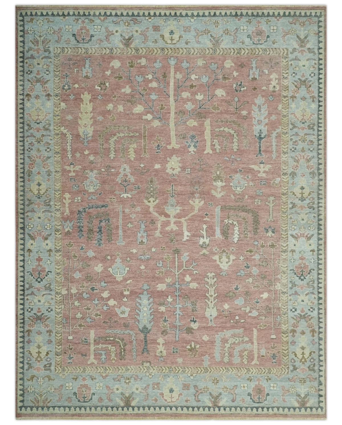 Distress Finished Tree of Life Hand Knotted Rust and Blue Custom Made Wool Rug.