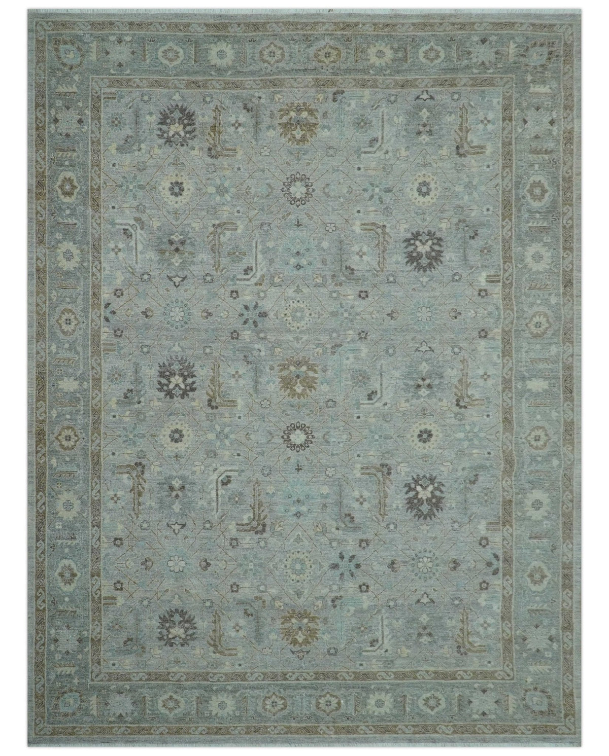 Distressed and Blue Silver Hand Knotted Traditional Wool Area Rug.