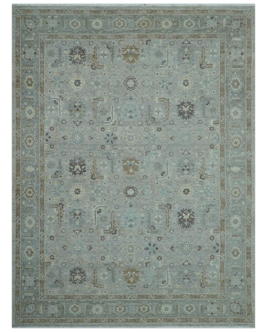 Distressed and Blue Silver Hand Knotted Traditional Wool Area Rug.