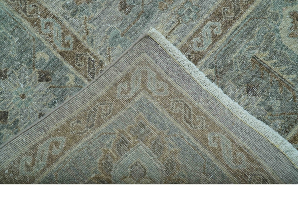 Distressed and Blue Silver Hand Knotted Traditional Wool Area Rug.