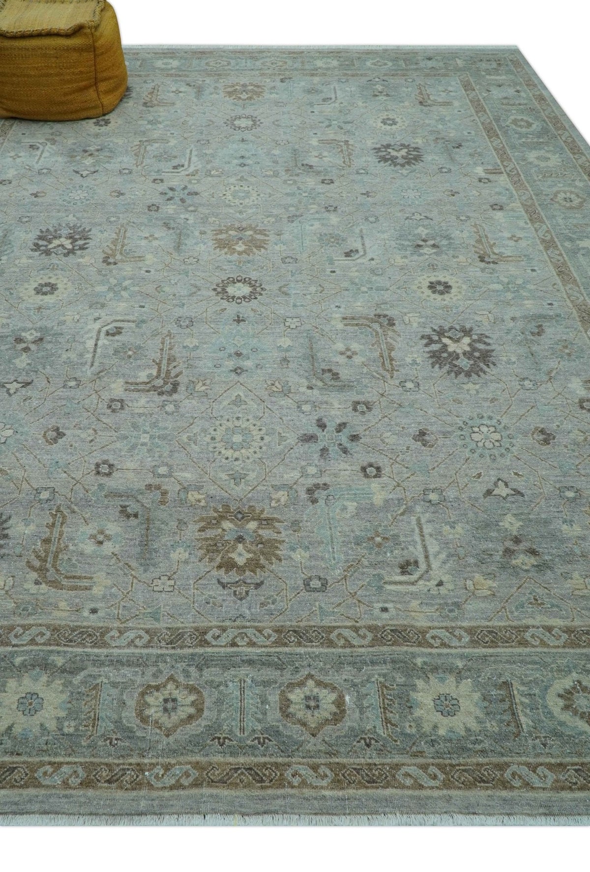 Distressed and Blue Silver Hand Knotted Traditional Wool Area Rug.