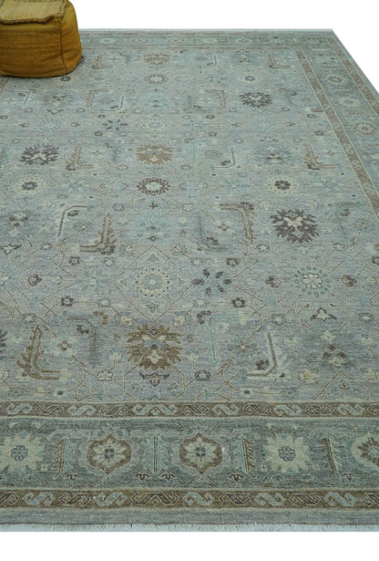Distressed and Blue Silver Hand Knotted Traditional Wool Area Rug.