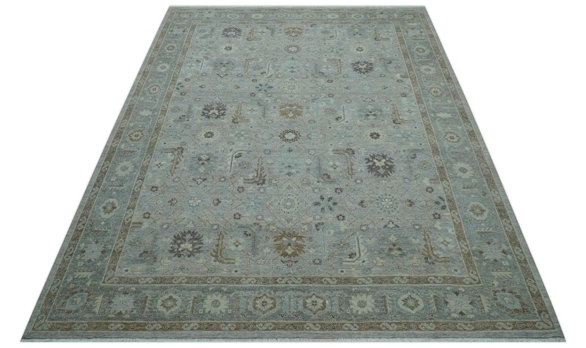 Distressed and Blue Silver Hand Knotted Traditional Wool Area Rug.