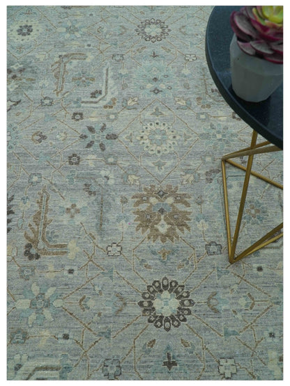Distressed and Blue Silver Hand Knotted Traditional Wool Area Rug.