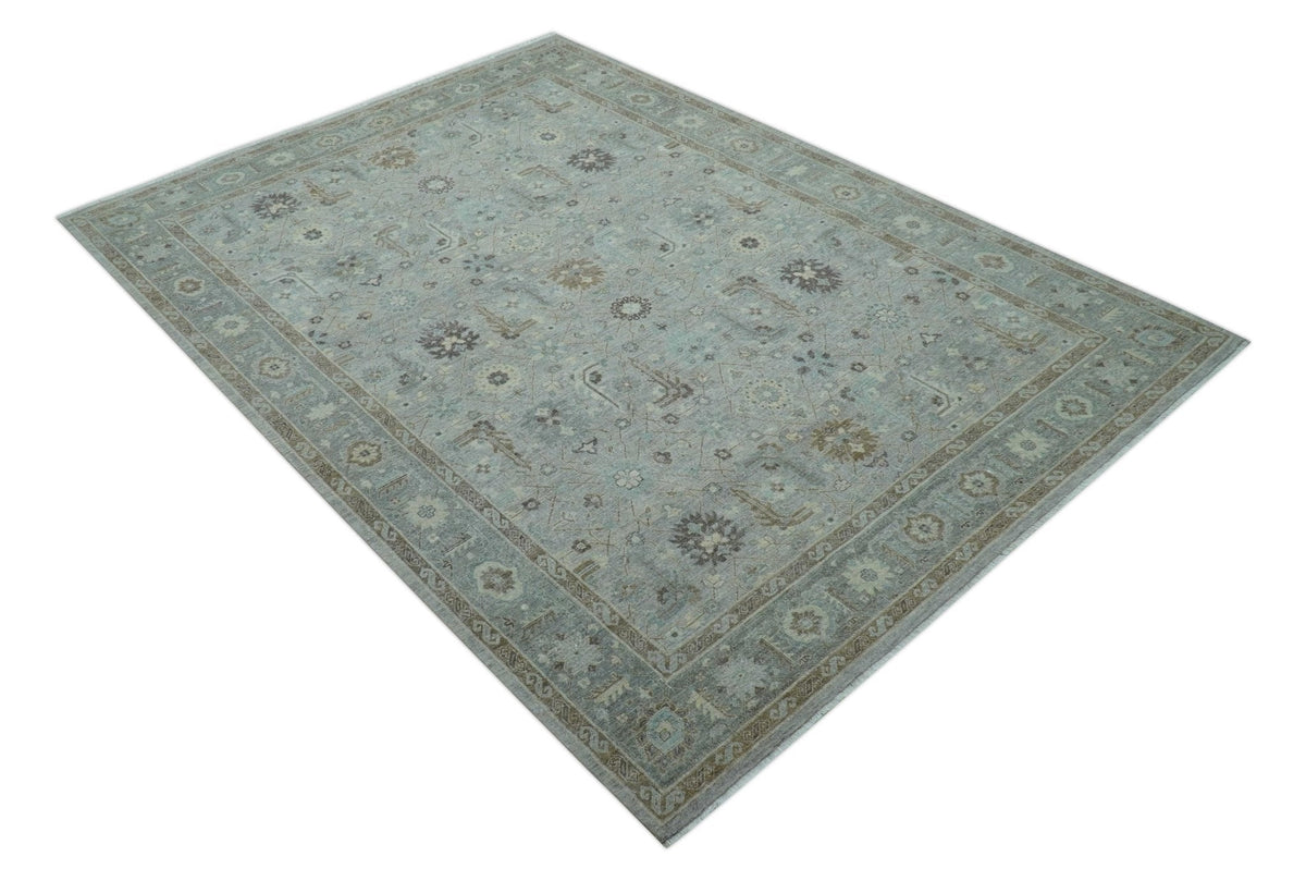 Distressed and Blue Silver Hand Knotted Traditional Wool Area Rug.