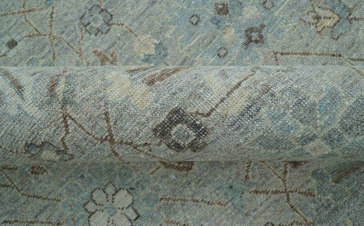 Distressed and Blue Silver Hand Knotted Traditional Wool Area Rug.