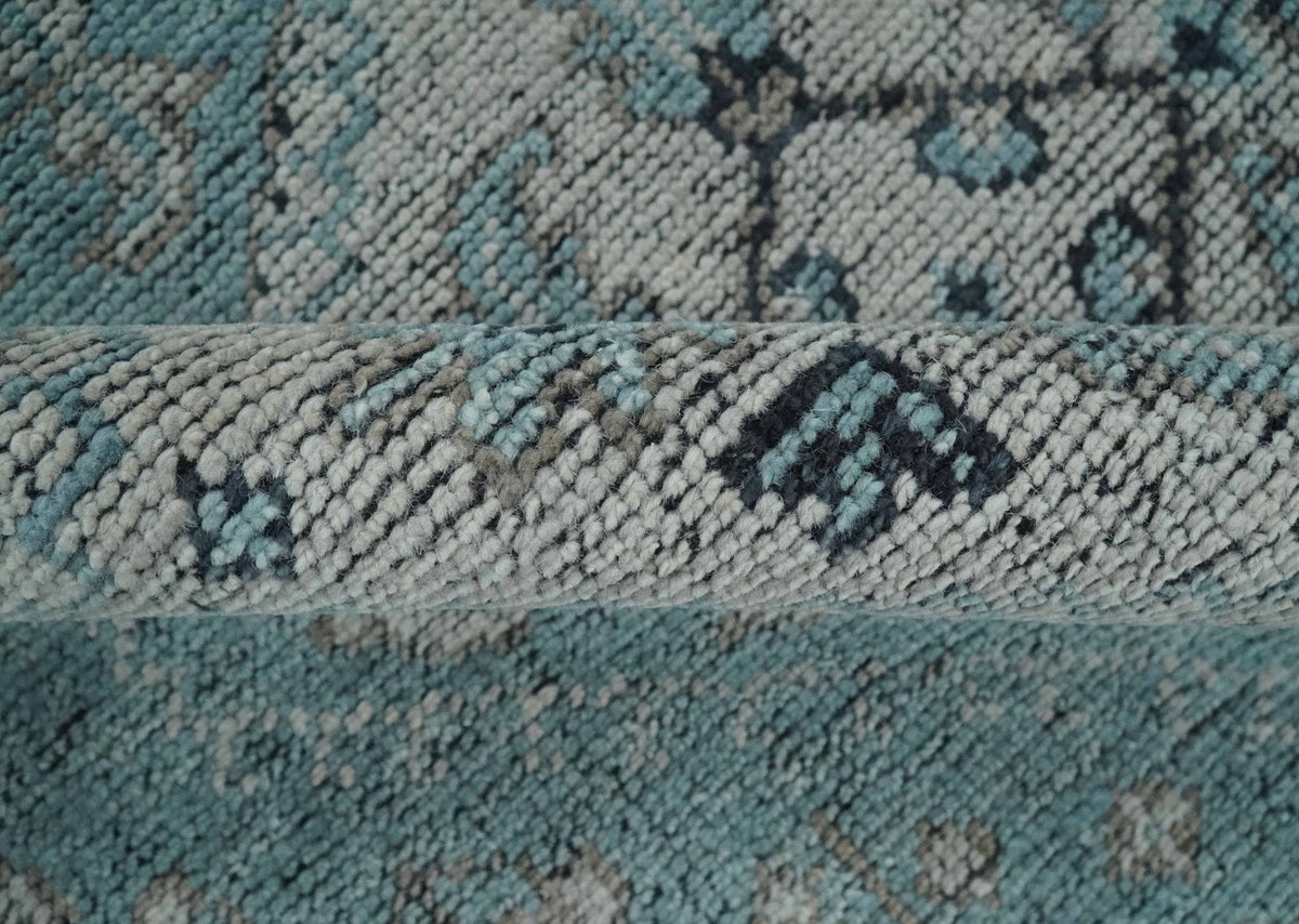 Distressed Hand Knotted Multi Size Blue, Silver and Charcoal Traditional Low Pile Wool Area Rug.