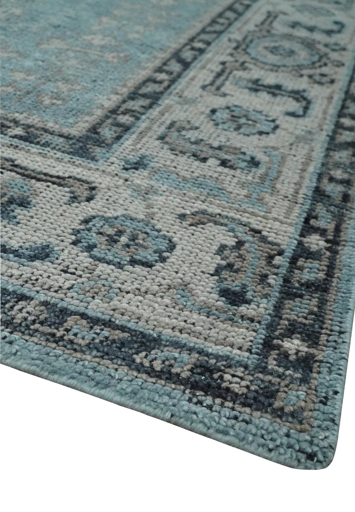 Distressed Hand Knotted Multi Size Blue, Silver and Charcoal Traditional Low Pile Wool Area Rug.