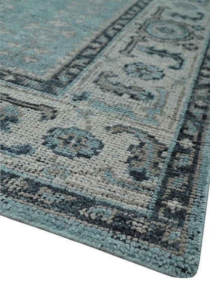 Distressed Hand Knotted Multi Size Blue, Silver and Charcoal Traditional Low Pile Wool Area Rug.