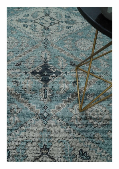 Distressed Hand Knotted Multi Size Blue, Silver and Charcoal Traditional Low Pile Wool Area Rug.