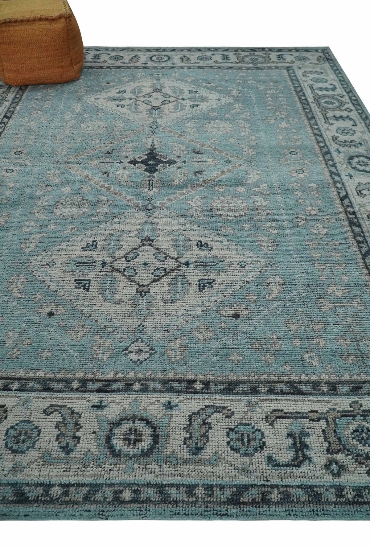 Distressed Hand Knotted Multi Size Blue, Silver and Charcoal Traditional Low Pile Wool Area Rug.