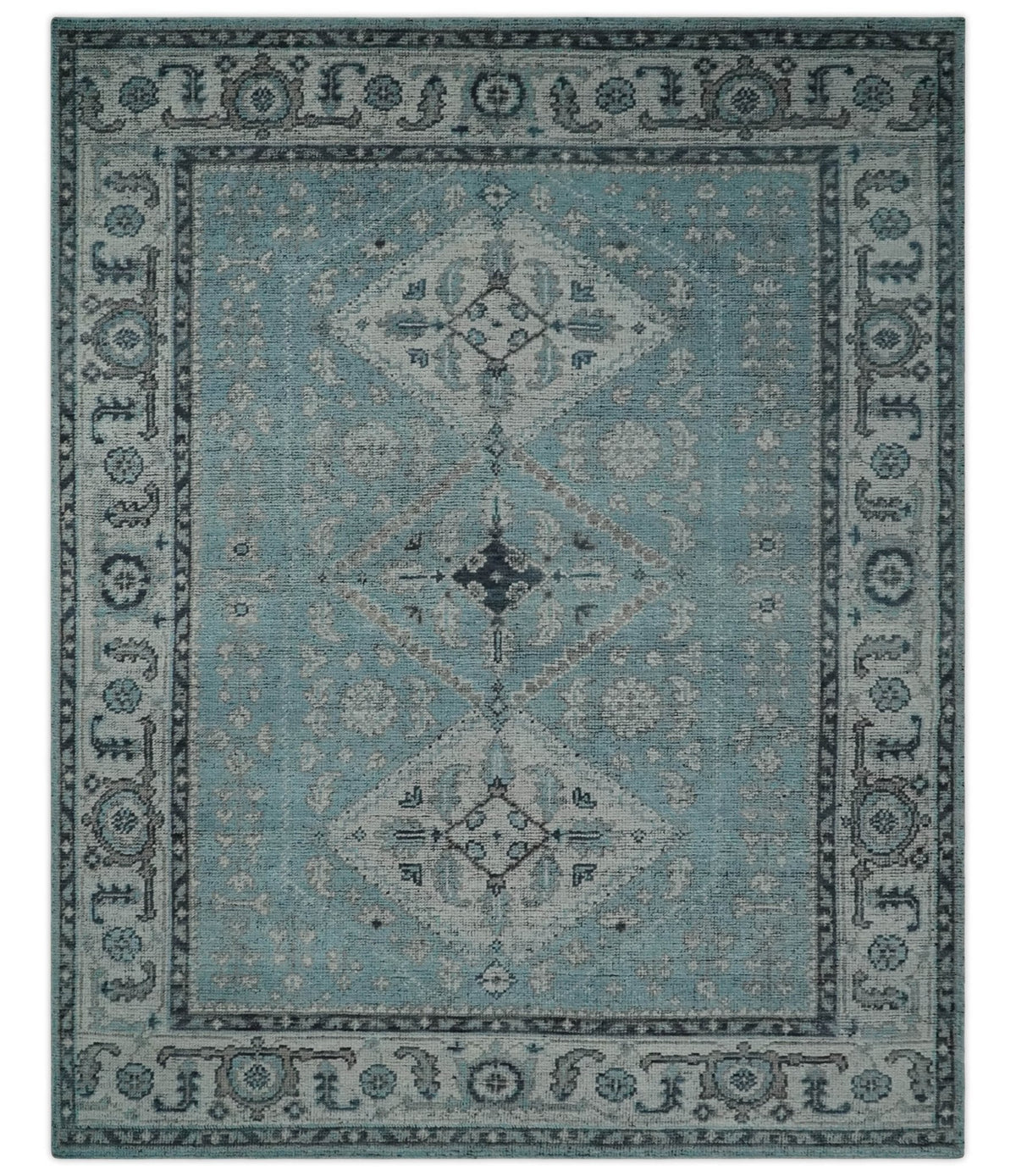 Distressed Hand Knotted Multi Size Blue, Silver and Charcoal Traditional Low Pile Wool Area Rug.