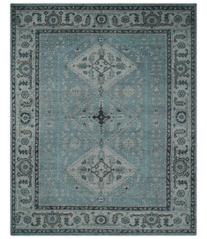 Distressed Hand Knotted Multi Size Blue, Silver and Charcoal Traditional Low Pile Wool Area Rug.