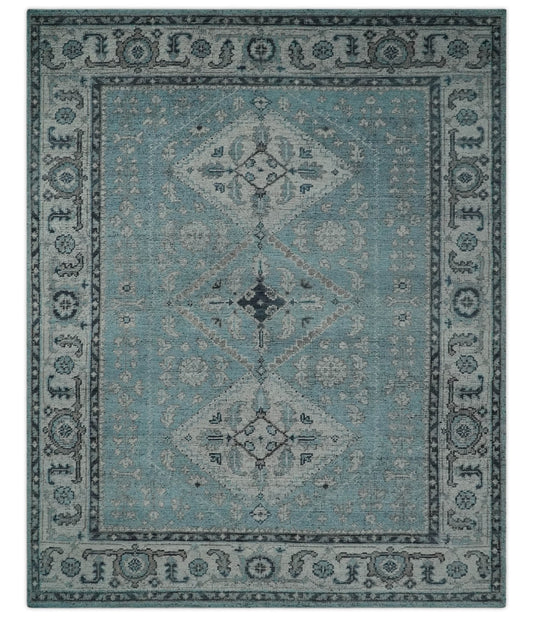 Distressed Hand Knotted Multi Size Blue, Silver and Charcoal Traditional Low Pile Wool Area Rug.