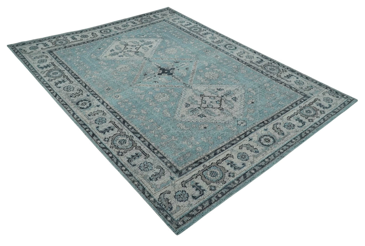 Distressed Hand Knotted Multi Size Blue, Silver and Charcoal Traditional Low Pile Wool Area Rug.