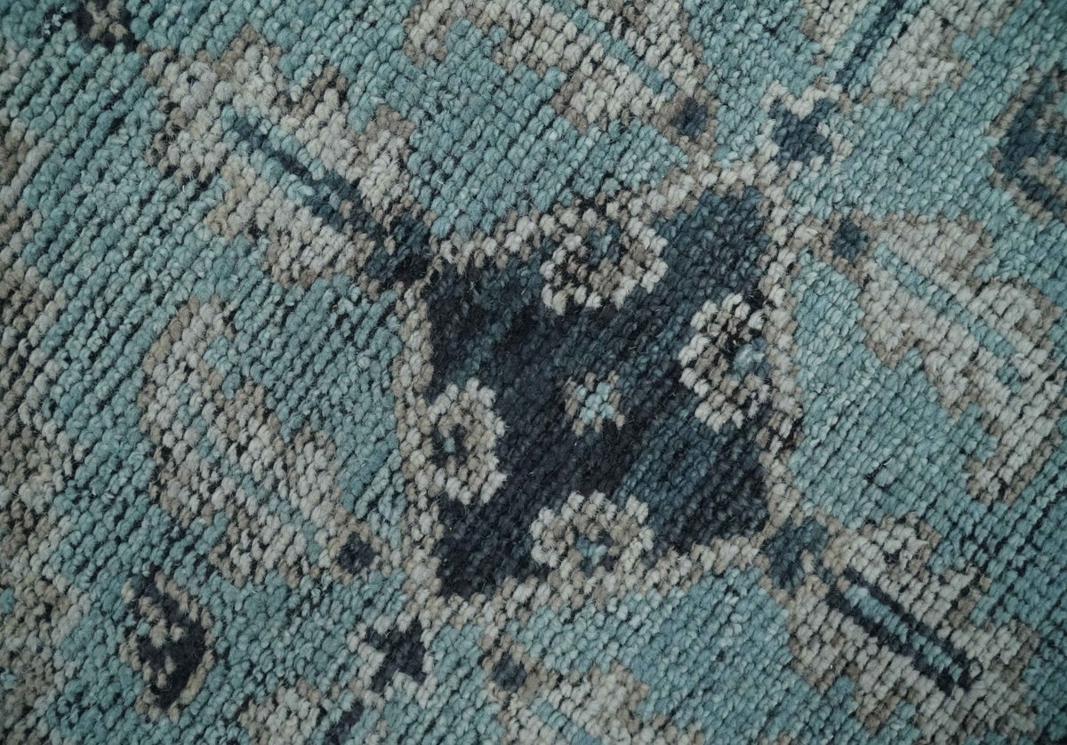 Distressed Hand Knotted Multi Size Blue, Silver and Charcoal Traditional Low Pile Wool Area Rug.