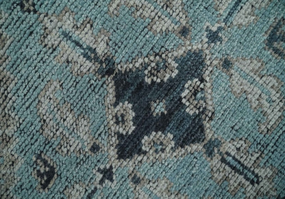 Distressed Hand Knotted Multi Size Blue, Silver and Charcoal Traditional Low Pile Wool Area Rug.