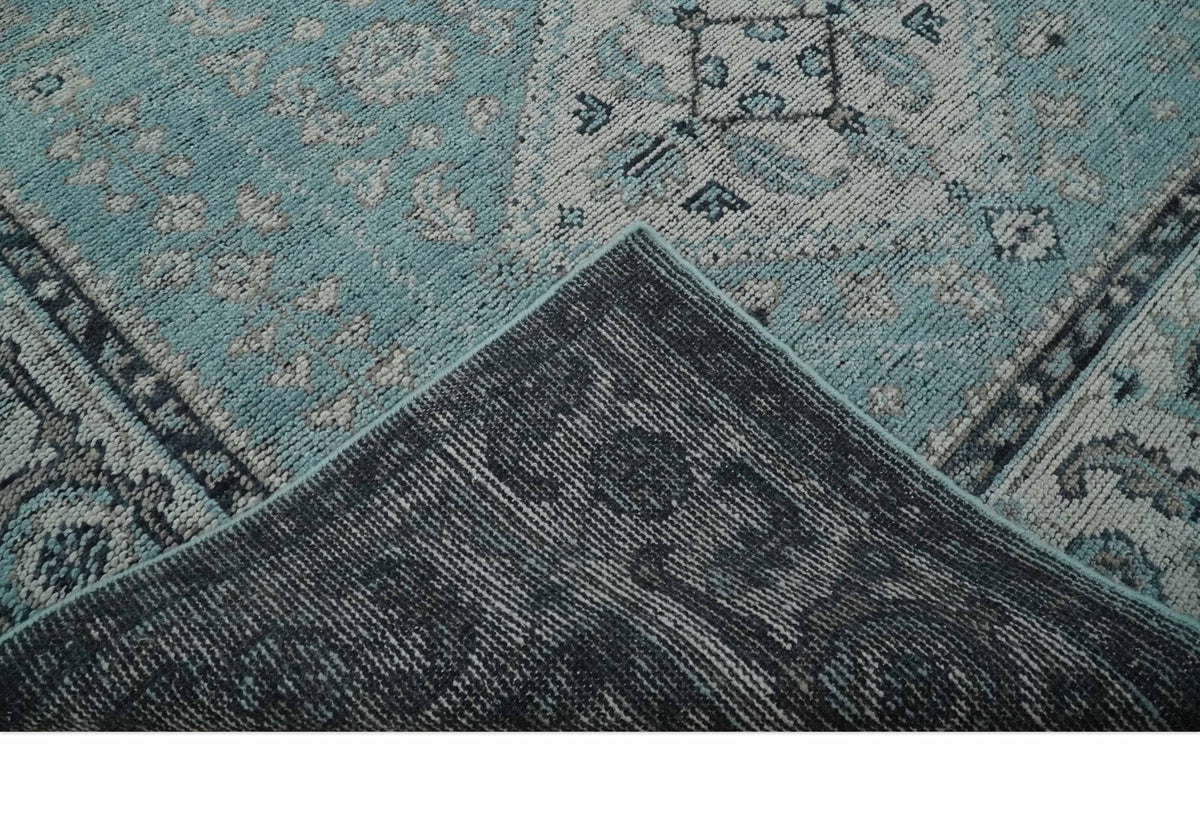 Distressed Hand Knotted Multi Size Blue, Silver and Charcoal Traditional Low Pile Wool Area Rug.