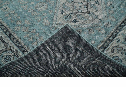Distressed Hand Knotted Multi Size Blue, Silver and Charcoal Traditional Low Pile Wool Area Rug.