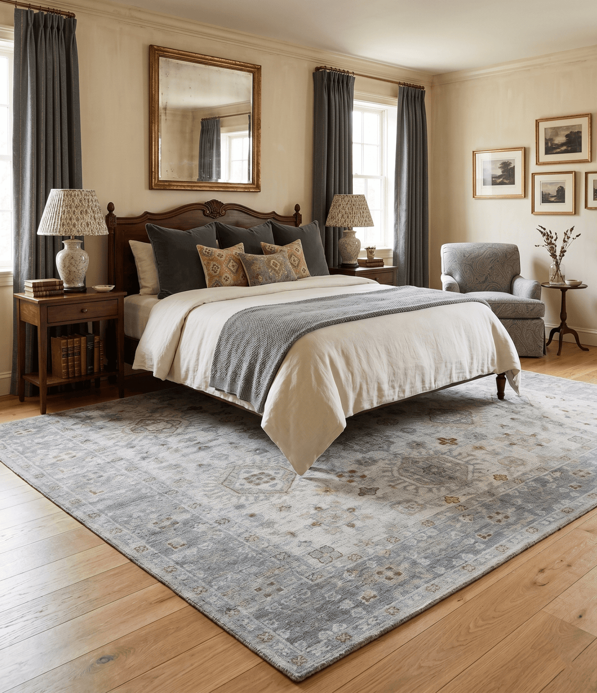 Distressed Hand Knotted Traditional  Silver and Rust Custom Made Wool Area Rug.