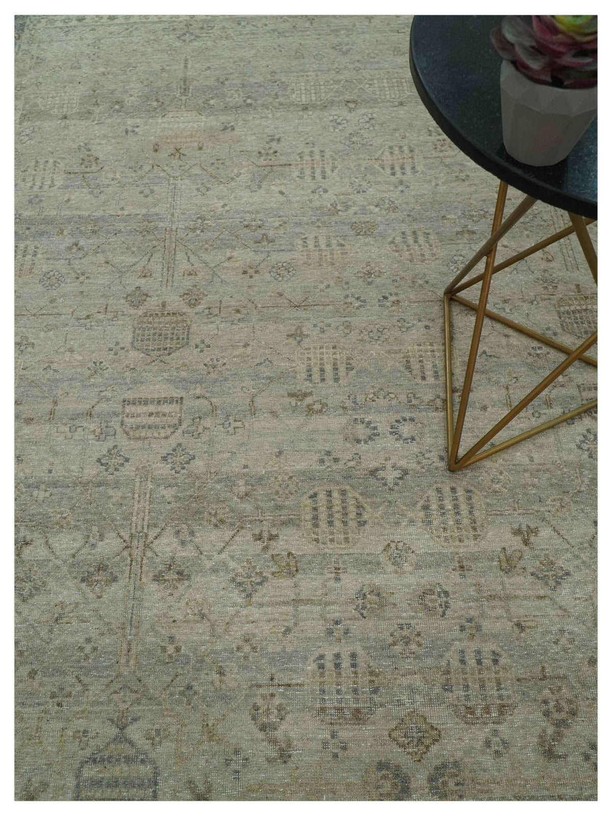 Distressed Silver And Beige Hand Knotted khotan design Custom Made wool area rug.