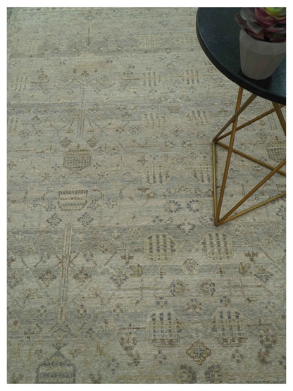 Distressed Silver And Beige Hand Knotted khotan design Custom Made wool area rug.