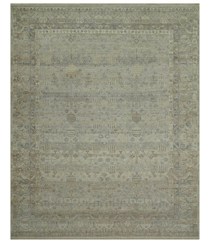 Distressed Silver And Beige Hand Knotted khotan design Custom Made wool area rug.
