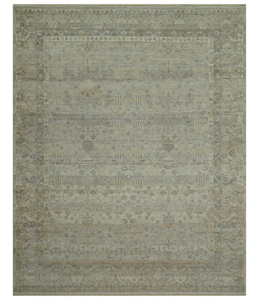 Distressed Silver And Beige Hand Knotted khotan design Custom Made wool area rug.