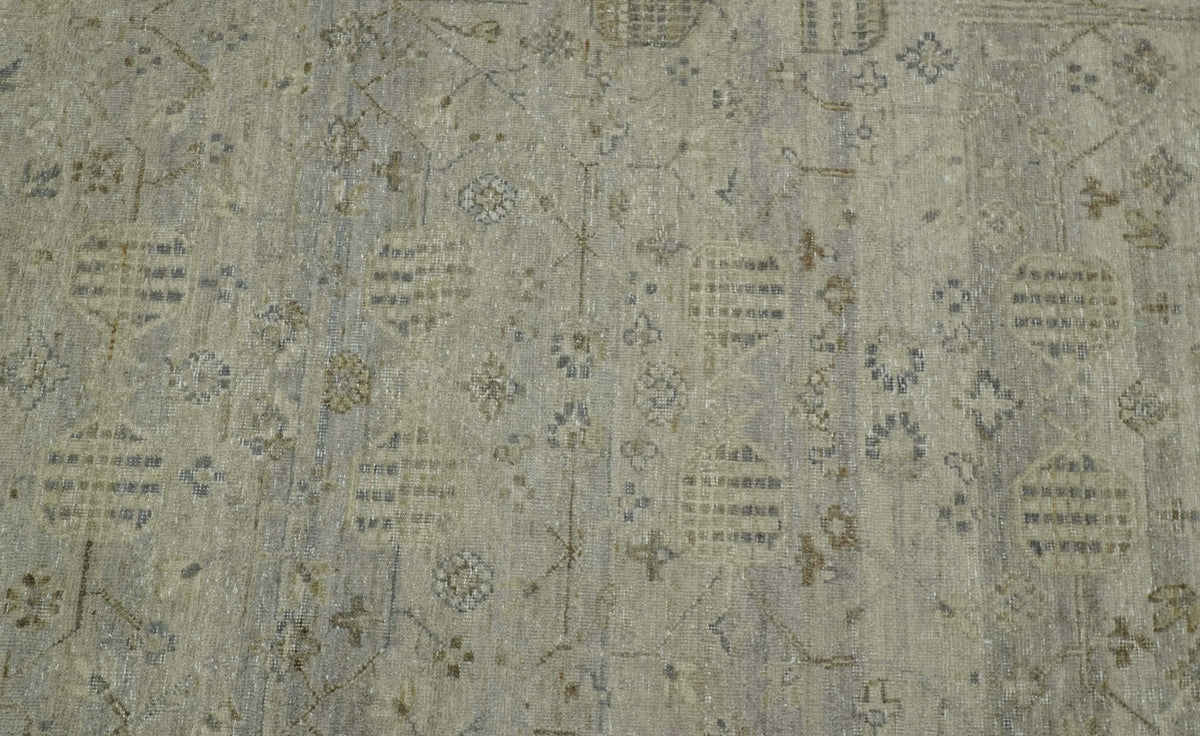 Distressed Silver And Beige Hand Knotted khotan design Custom Made wool area rug.