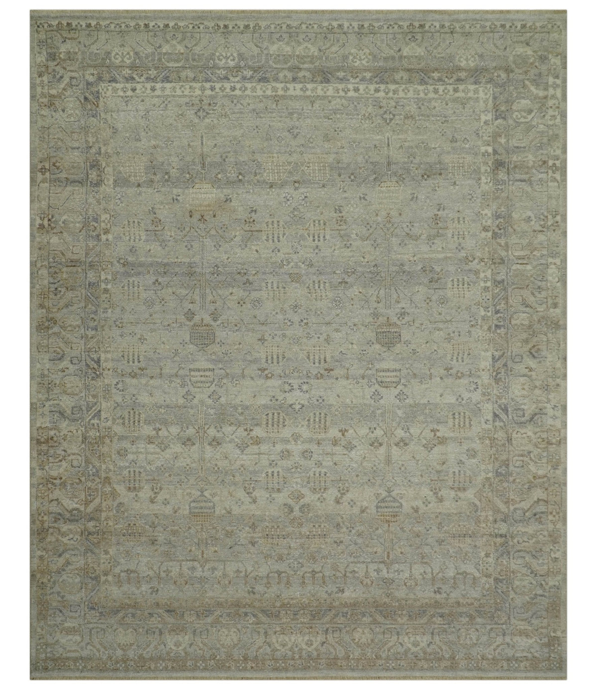 Distressed Silver And Beige Hand Knotted khotan design Custom Made wool area rug.