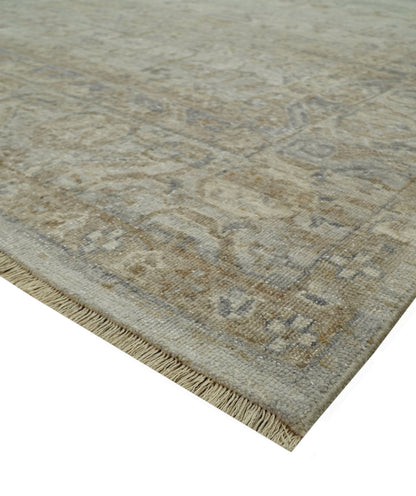 Distressed Silver And Beige Hand Knotted khotan design Custom Made wool area rug.