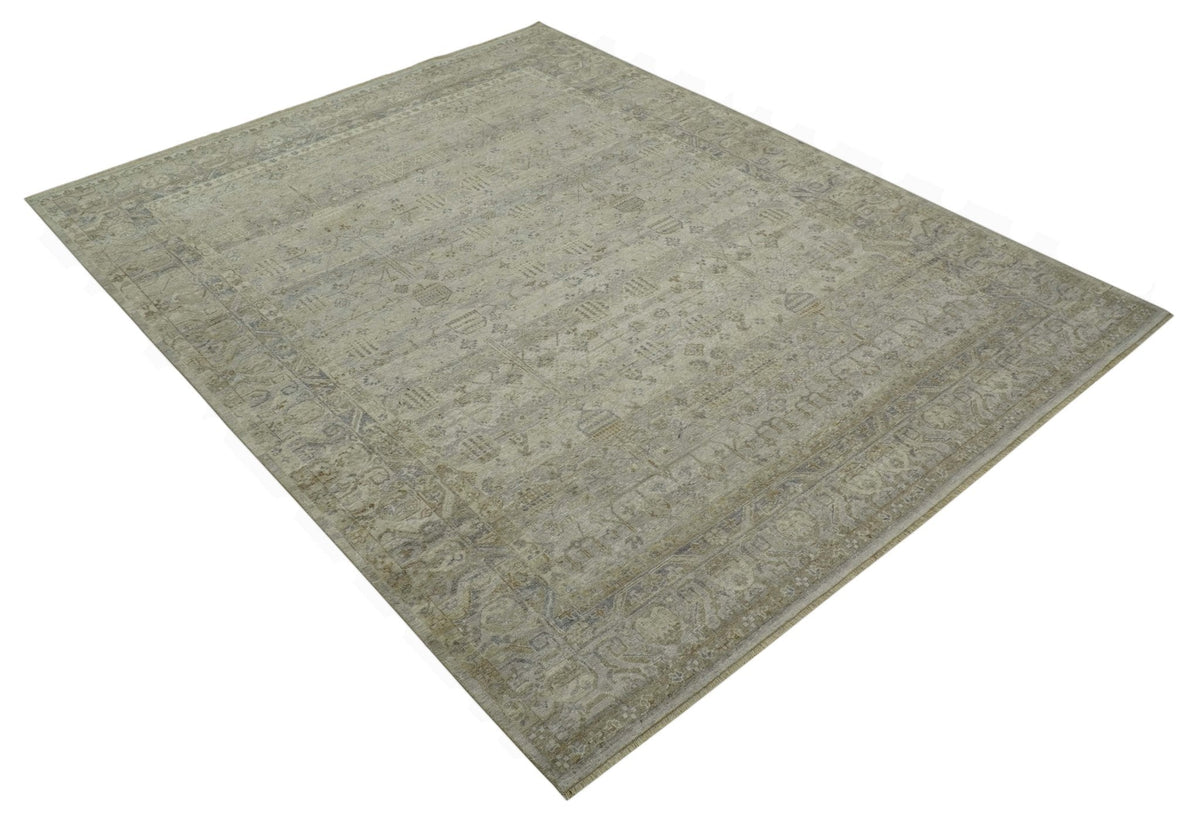 Distressed Silver And Beige Hand Knotted khotan design Custom Made wool area rug.