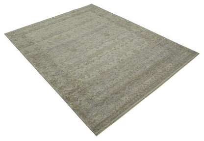 Distressed Silver And Beige Hand Knotted khotan design Custom Made wool area rug.