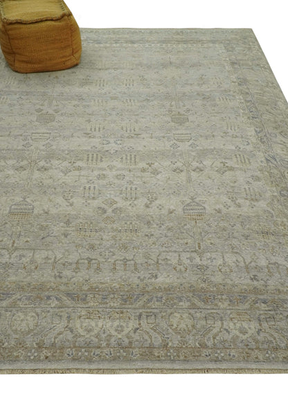 Distressed Silver And Beige Hand Knotted khotan design Custom Made wool area rug.