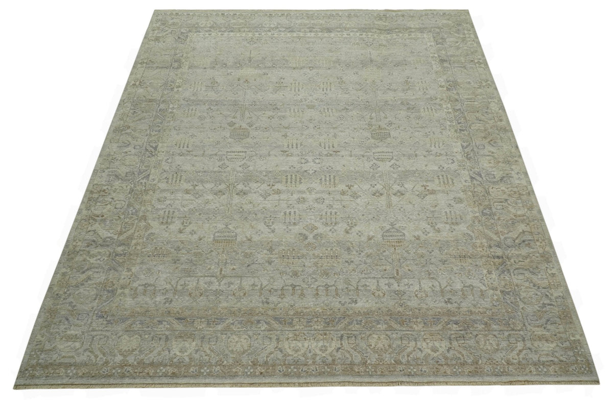 Distressed Silver And Beige Hand Knotted khotan design Custom Made wool area rug.