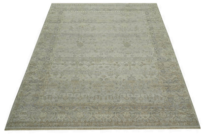 Distressed Silver And Beige Hand Knotted khotan design Custom Made wool area rug.