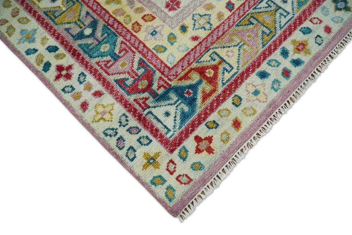 Eclectic Vibrant Colorful Ivory And Teal Traditional design Hand knotted Wool Area Rug.