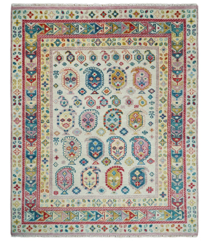 Eclectic Vibrant Colorful Ivory And Teal Traditional design Hand knotted Wool Area Rug.