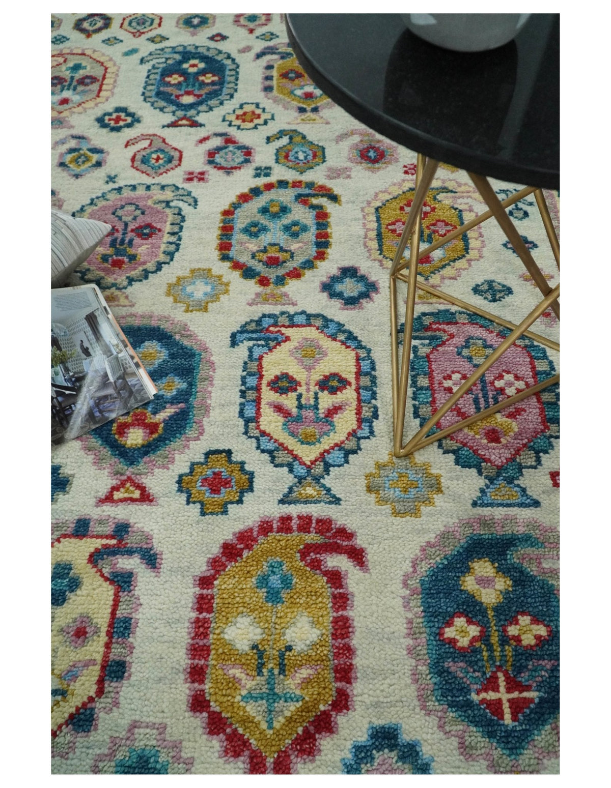 Eclectic Vibrant Colorful Ivory And Teal Traditional design Hand knotted Wool Area Rug.
