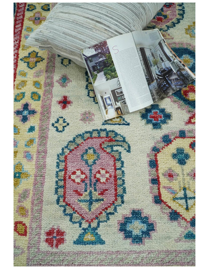 Eclectic Vibrant Colorful Ivory And Teal Traditional design Hand knotted Wool Area Rug.