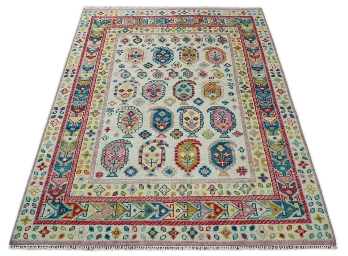 Eclectic Vibrant Colorful Ivory And Teal Traditional design Hand knotted Wool Area Rug.