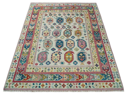 Eclectic Vibrant Colorful Ivory And Teal Traditional design Hand knotted Wool Area Rug.