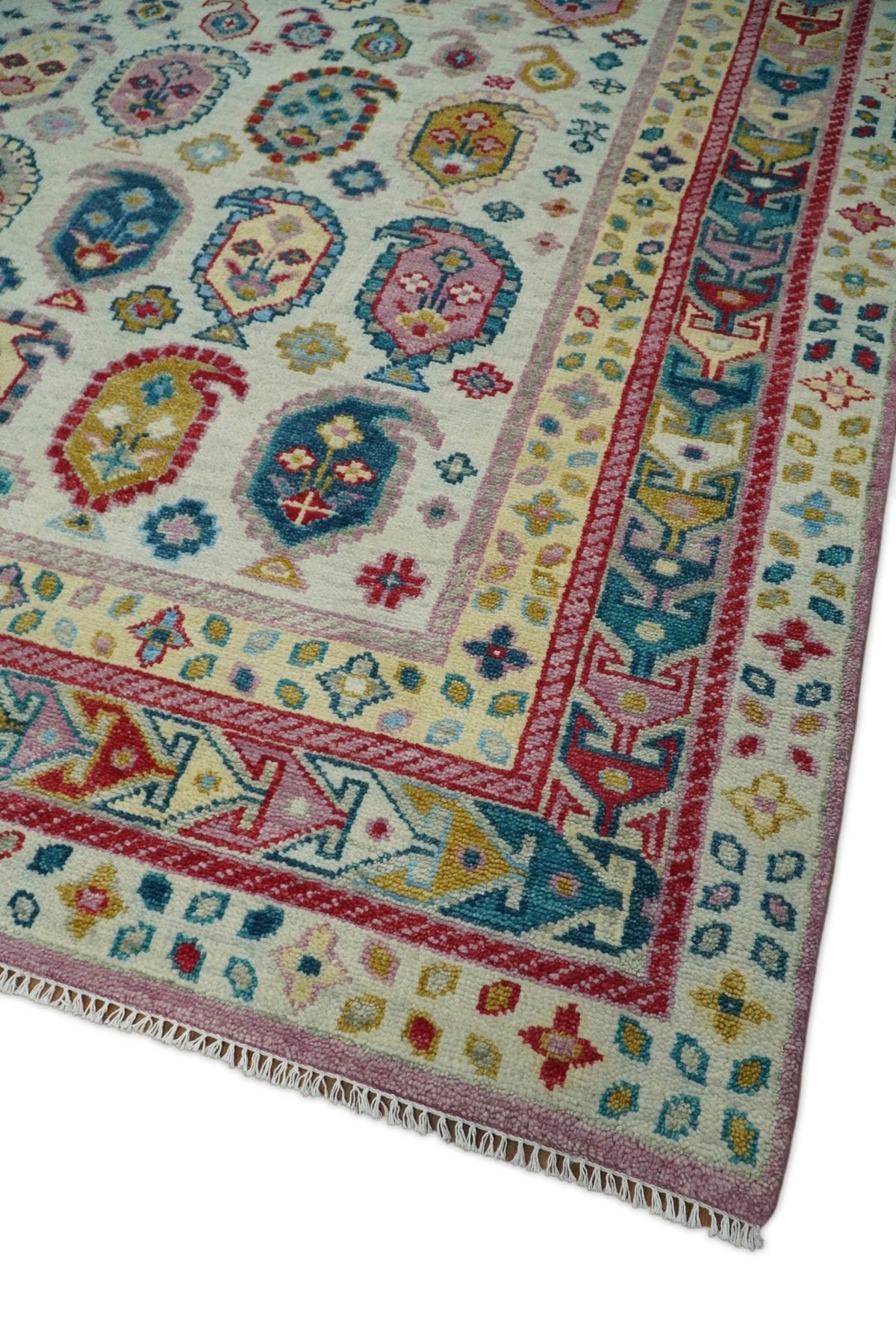 Eclectic Vibrant Colorful Ivory And Teal Traditional design Hand knotted Wool Area Rug.