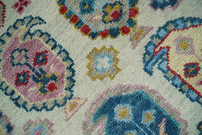 Eclectic Vibrant Colorful Ivory And Teal Traditional design Hand knotted Wool Area Rug.