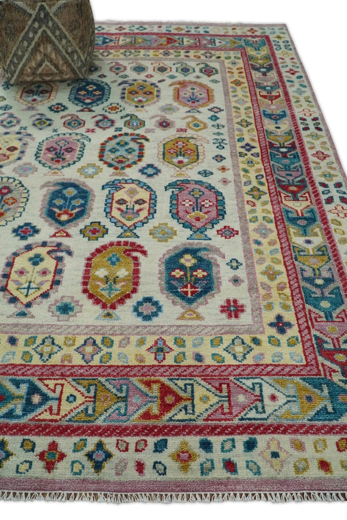 Eclectic Vibrant Colorful Ivory And Teal Traditional design Hand knotted Wool Area Rug.