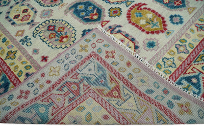Eclectic Vibrant Colorful Ivory And Teal Traditional design Hand knotted Wool Area Rug.