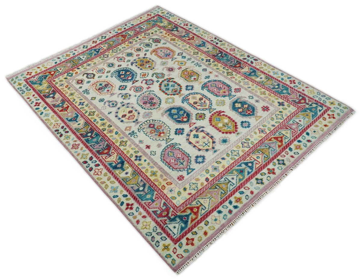 Eclectic Vibrant Colorful Ivory And Teal Traditional design Hand knotted Wool Area Rug.