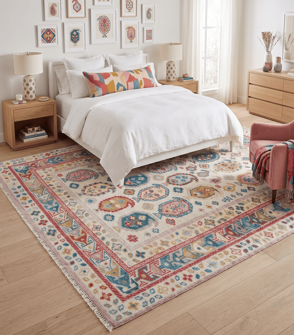 Eclectic Vibrant Colorful Ivory And Teal Traditional design Hand knotted Wool Area Rug.