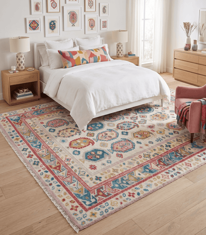 Eclectic Vibrant Colorful Ivory And Teal Traditional design Hand knotted Wool Area Rug.