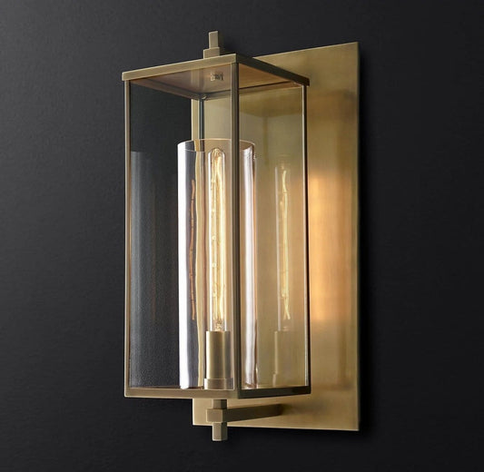 Residence Supply 11.5" x 10" x 23" / 29cm x 25.4cm x 58.4cm - 5W / Lacquered Burnished Brass Ekso Outdoor Wall Sconce